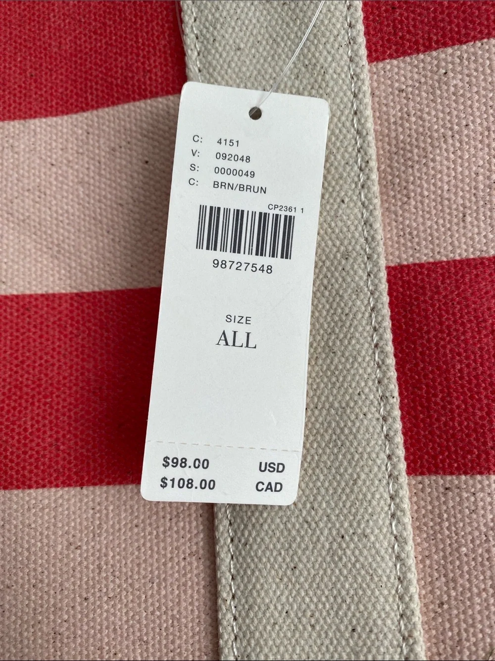 Anthropology- Striped Canvas Tote Bag in Red, Brown and Cream